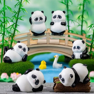 Miniature resin panda figures in a 6-piece creative micro-landscape garden scene