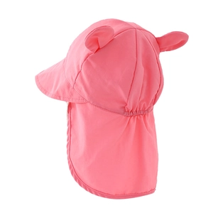 Pink kids quick-dry sun hat with cute ears and neck protection flap on white background