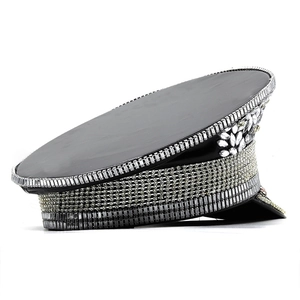 Luxury black captain hat with sparkling silver sequins and floral crystal rhinestones