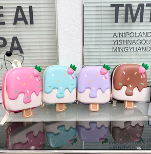 Detail view of four colorful ice cream shaped children backpacks in 3D molded design