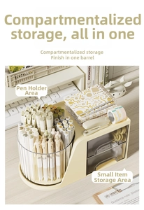 Macro view of rotating pencil holder with transparent drawers on a minimalist cream desk