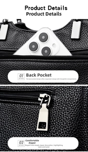 Detail of back zipper pocket for phone and polished silver metal hardware on tote bag