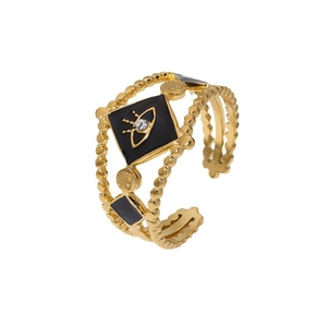Gold-plated Evil Eye ring with black enamel diamond shape and beaded layered texture