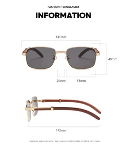 Detailed size specifications for square wood grain sunglasses including frame dimensions