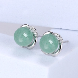 S925 sterling silver aventurine jade stud earrings with sparkling white zircon halo