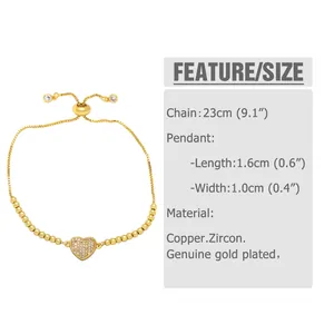 Detailed size chart showing 23cm length and golden heart zircon bracelet dimensions