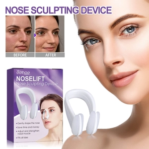 Detailed infographic of EELHOE nose shaper showing before and after results with U-shaped clip