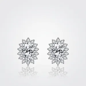 Boucles D'oreilles Moissanite Ovales Avec Tige En Argent Sterling 925 Couleur D VVS1 Halo Bijoux De Luxe Pour Femmes