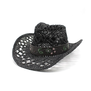 Western style hollow woven black straw cowboy hat with embroidered floral leather band
