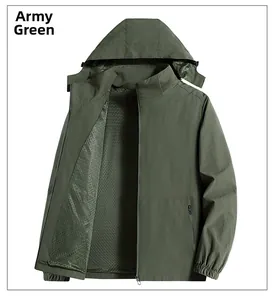 Detail of army green windbreaker featuring breathable mesh lining and adjustable hood