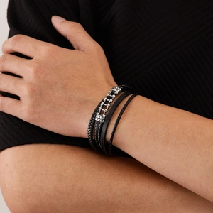 Men's multi-layer braided black leather bracelet with silver stainless steel chain link