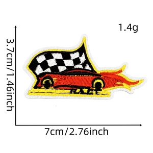 Detailed view of race car and checkered flag embroidery patch with size dimensions