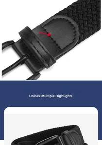 Detail of black woven elastic belt showing matte buckle and double-row stitching