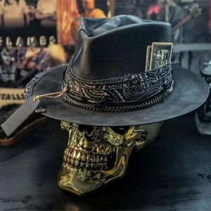 Punk style wide brim black felt fedora with skull metal chain and poker card detail