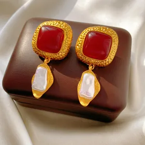Vintage Baroque Drop Earrings With Red Resin Square And Faux Artificial Pearl Alloy Gold Hammered Silver Earring Post For Women