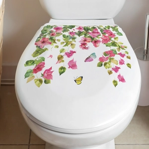 Watercolor pink bougainvillea flower and butterfly self-adhesive toilet seat decal