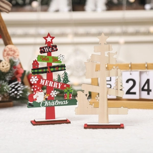 Mini wooden Christmas tree tabletop ornaments with festive hand-painted patterns