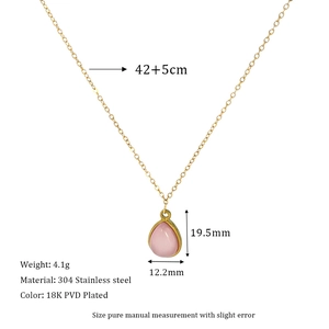 Detailed view of 18k gold plated necklace with pink teardrop pendant and sizing info
