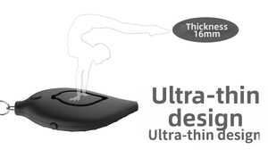 Detailed side view of leaf-shaped personal alarm highlighting ultra-thin 16mm design