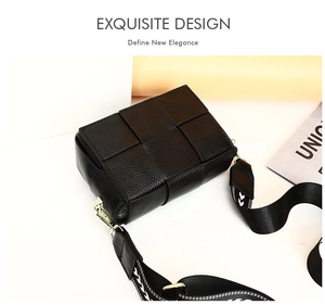 Top-down view of black woven leather crossbody bag with patterned wide shoulder strap