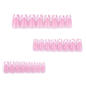 Pink French square press-on nails with white abstract stripes and transparent finish