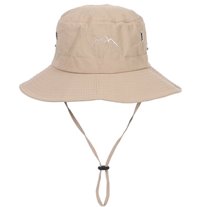 Khaki quick-dry bucket hat with mountain embroidery and adjustable windproof rope