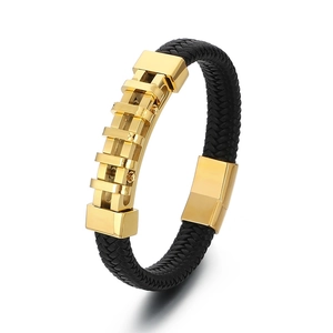 Bracciale punk da uomo in pelle intrecciata con elementi in acciaio nero e oro lucido