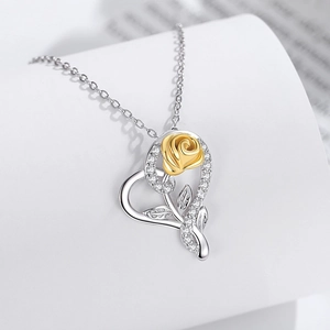 Elegant S925 silver heart necklace with golden rose pendant and white cubic zirconia accents