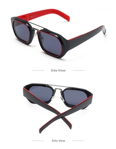 Side view of square sunglasses with black and red frame design and metal double bridge