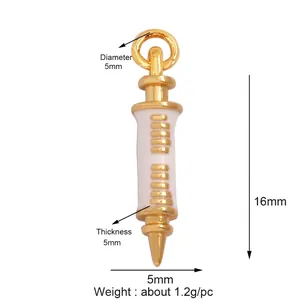 Detailed syringe charm pendant in gold finish with white enamel for jewelry making
