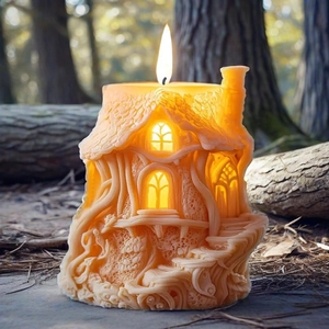 Tree house scented candle with chimney design glowing in a mystical forest setting