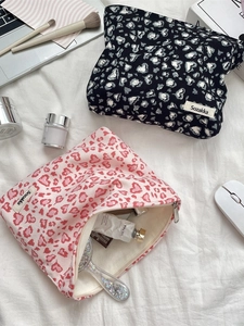 Large leopard heart print corduroy makeup bags with metal zippers in pink and black