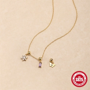 S925 silver gold-plated necklace with purple crystal, butterfly and flower pendants
