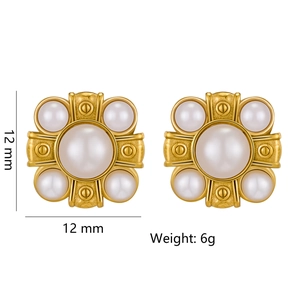 Élégantes boucles d'oreilles fleur dorées avec perles blanches, 12 mm et 6 g