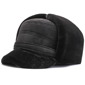 Men's winter faux suede trapper hat with warm ear flaps and thick black faux fur lining