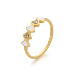 Bague en acier inoxydable plaqué or 18K avec motifs de cœur et émail blanc goutte d'huile