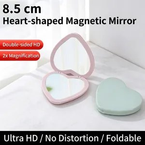 Heart Shaped Portable Makeup Mirror Foldable Double Sided HD Glass Pocket Cosmetic Mirror For Travel Gift ABS Plastic