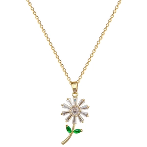 Luxurious daisy flower necklace with green and white zircons on a gold-tone titanium chain