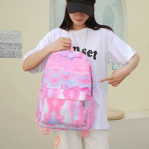 Pink and blue cloud tie-dye school backpack with top handle and front zipper pocket