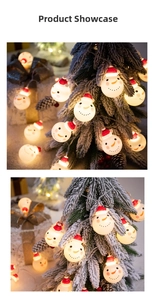 Detail of snowman LED string lights with mini red hats on a snowy Christmas tree