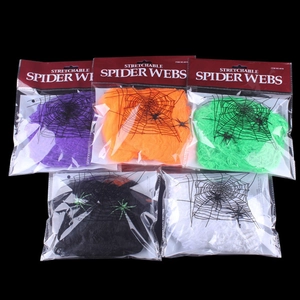 Five colors of stretchable Halloween spider webs with small plastic spiders for party decor