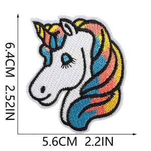 Detail view of colorful unicorn embroidery patch with 6.4cm x 5.6cm size dimensions