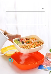 Macro detail showing how to pour hot water into the portable lunch box for heating food