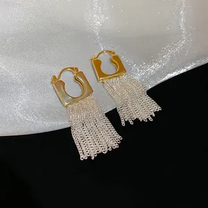 Minimalist 14k gold plated square hoop earrings with silver chain tassels in two-tone metal