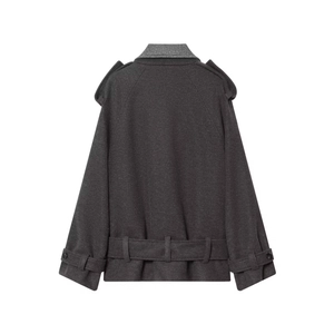 Short wool blend color-block jacket in dark grey with shoulder tabs and waist belts