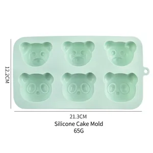 Green 6-cavity silicone panda bear cake mold with dimensional measurements 21.3x12.2cm