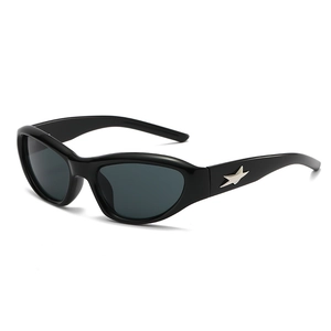 Chic black Y2K sports sunglasses with silver star emblem and dark polarized lenses