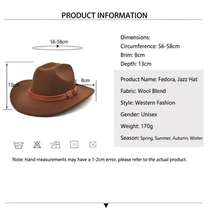 Brown wool fedora cowboy hat with size chart: 56-58cm circumference and 8cm wide brim