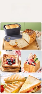 Collage of rectangular silicone bread mold showing finished toast and various serving ideas