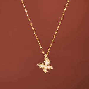 Butterfly Pendant Necklace Gold Plated Stainless Steel Mother Of Artificial Pearl Zircon Inlay Elegant Jewelry For Women